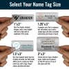 Infographic featuring 4 brushed silver name tags in available sizes held in hand for better size perspective