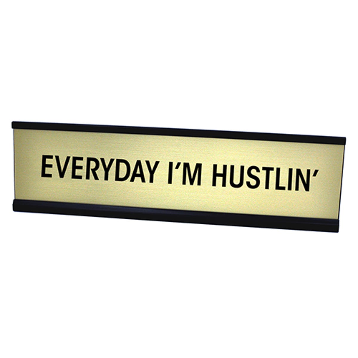 Gold desk plate with black custom text in black holder