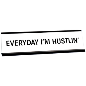 White desk plate with black custom text in black holder