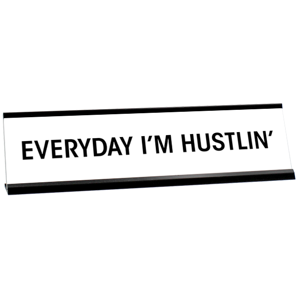 White desk plate with black custom text in black holder