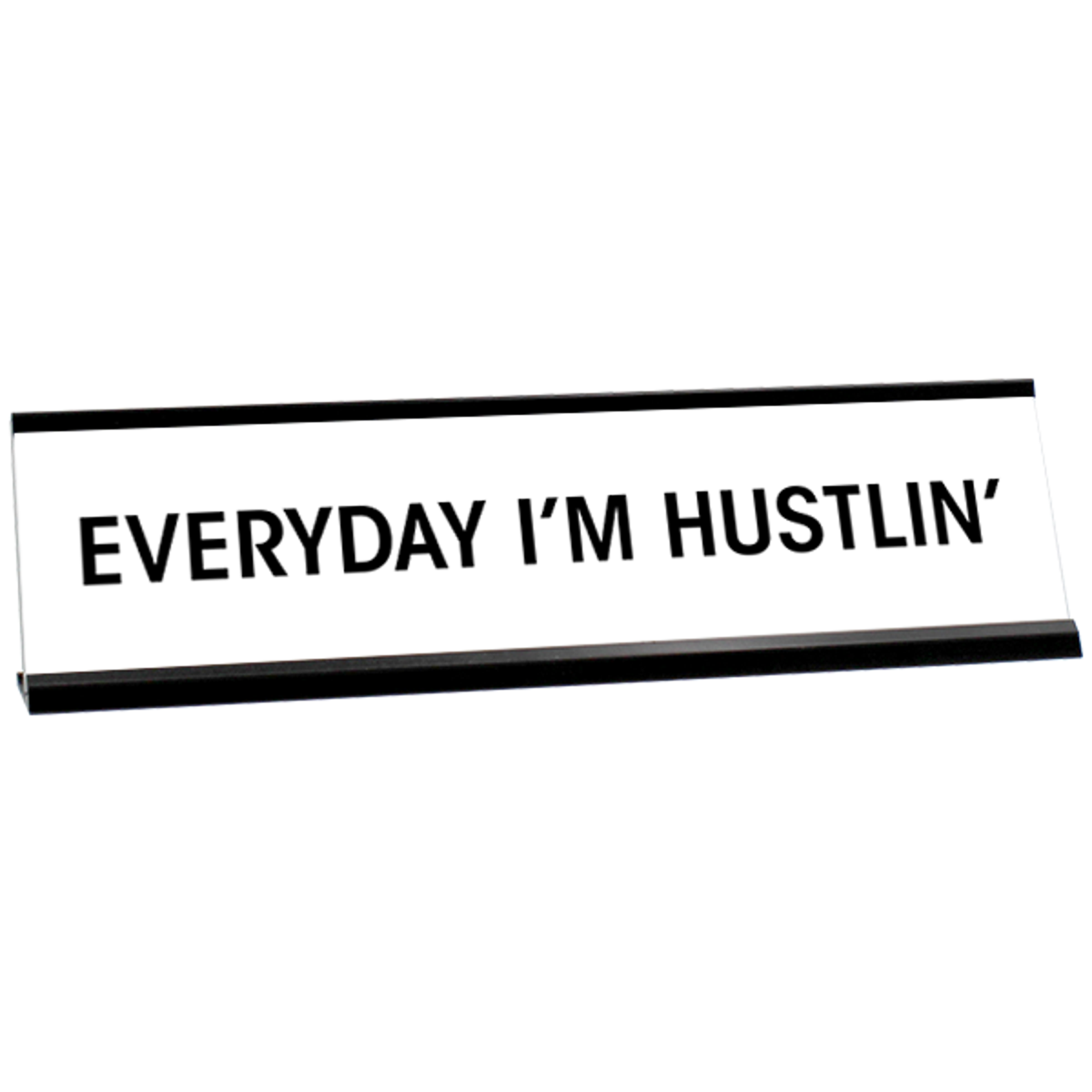 White desk plate with black custom text in black holder