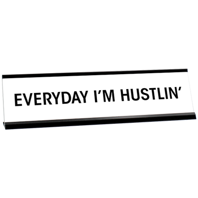 White desk plate with black custom text in black holder