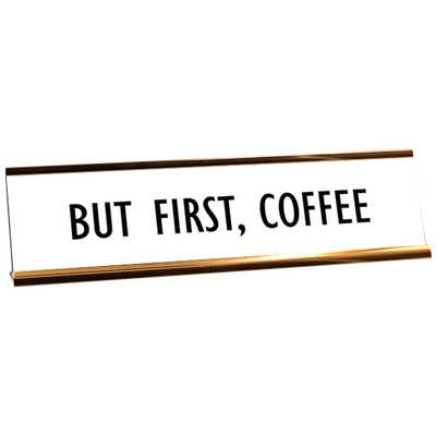 White desk plate with black custom text in yellow gold holder