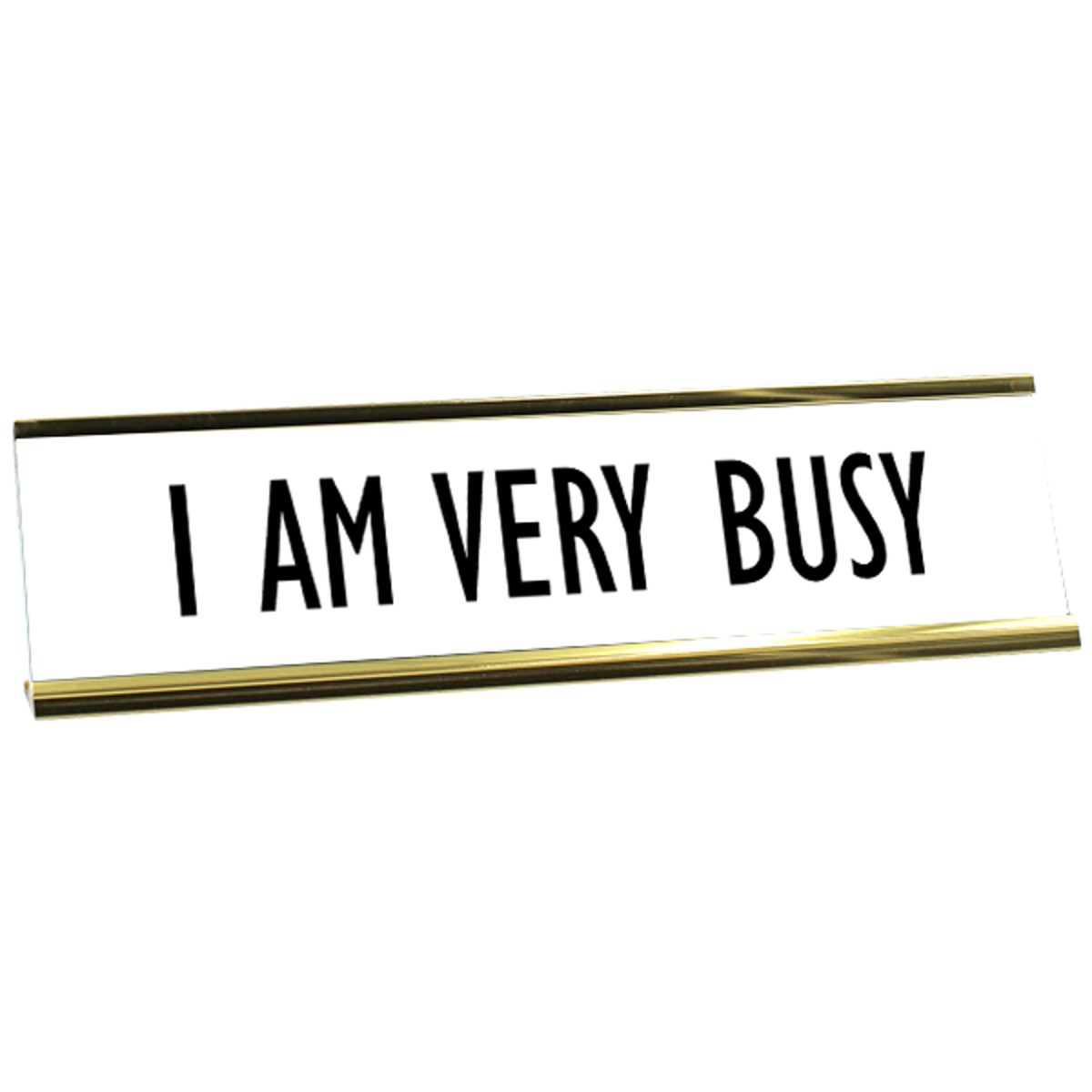 White desk plate with black custom text in yellow gold holder