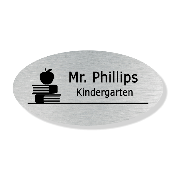 Apple on Book Stack School Oval Name Tag