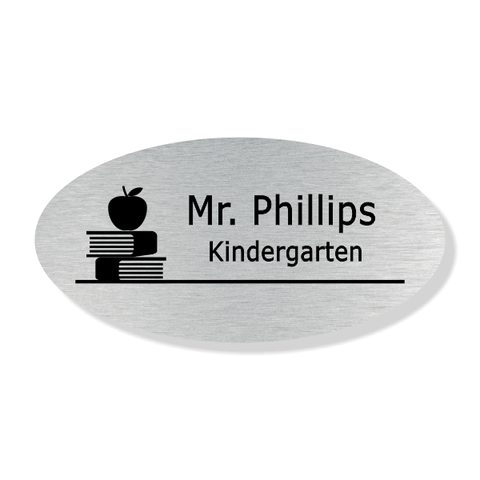 Apple on Book Stack School Oval Name Tag