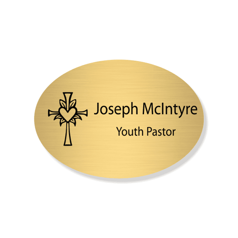 Cross with Lily and Heart Faith Engraved Name Tag - Oval