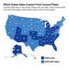 Infographic map of the United States showing which states allow custom front license plates. Dark blue states allow custom front plates: AK, AZ, AR, AL, CO, FL, GA, HI, IL, IN, KS, KY, LA, MI, MS, MO, NC, NJ, NM, NY, OH, OK, SC, TN, TX, VA, WV. Light blue