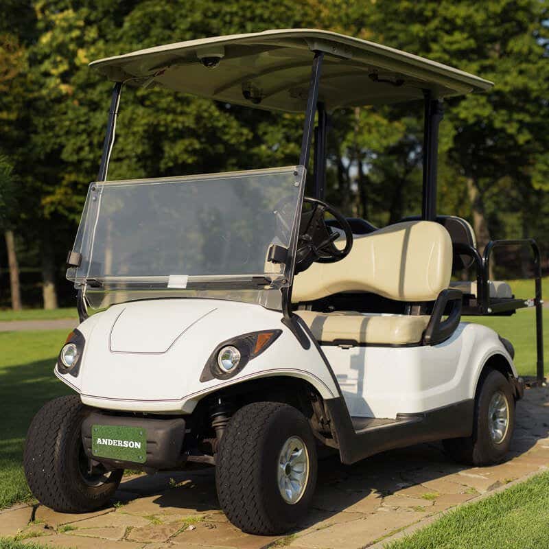 White Golf Cart with a Custom License Plate Saying "Anderson"