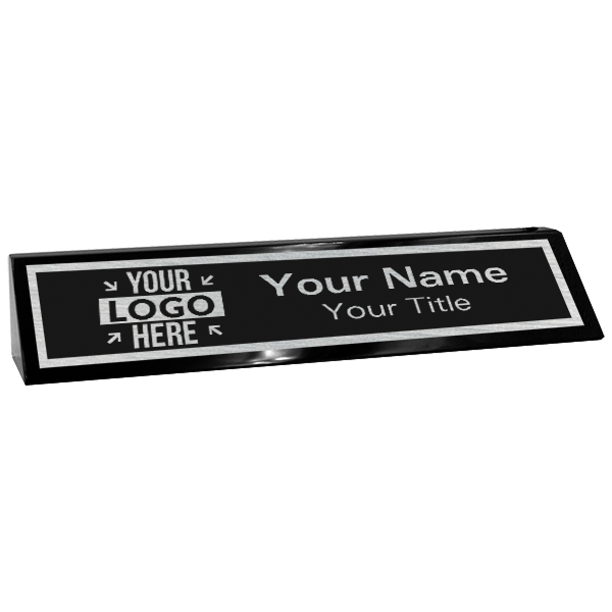 Custom Text Desk Block with Logo | 2" x 10" black and silver