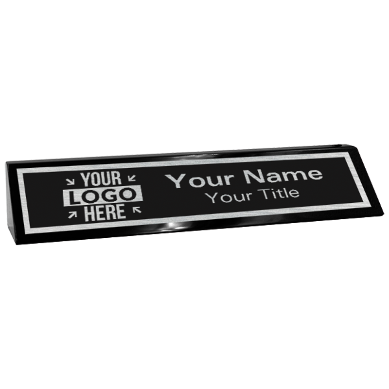 Custom Text Desk Block with Logo | 2" x 10" black and silver