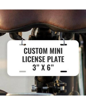 Custom Mini License Plate for Bicycle & Toy Cars 3x6 Shown on a Bicycle