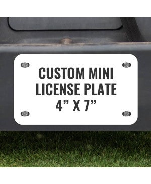Custom Mini License Plate for Golf Carts 4x7 Shown on a Gold Cart
