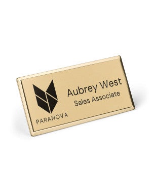 1.5x3 engraved metal name badge with gold frame — custom engraved name badge with logo