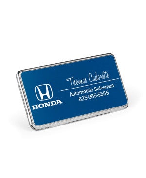 1.5x3 executive engraved name badge with silver beveled frame and rounded corners — custom name tag