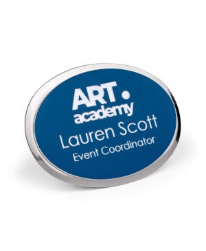1.75x2.5 oval engraved name badge with silver beveled frame