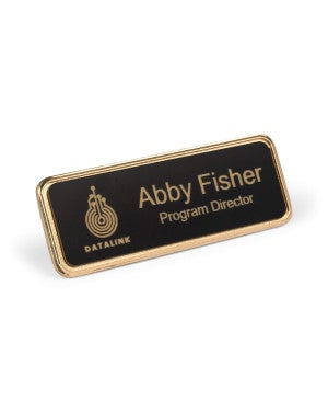 1x3 beveled gold name badge with full color logo — custom engraved name badge for business