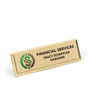 1x3 full color executive name badge with gold beveled frame — custom name badge with logo