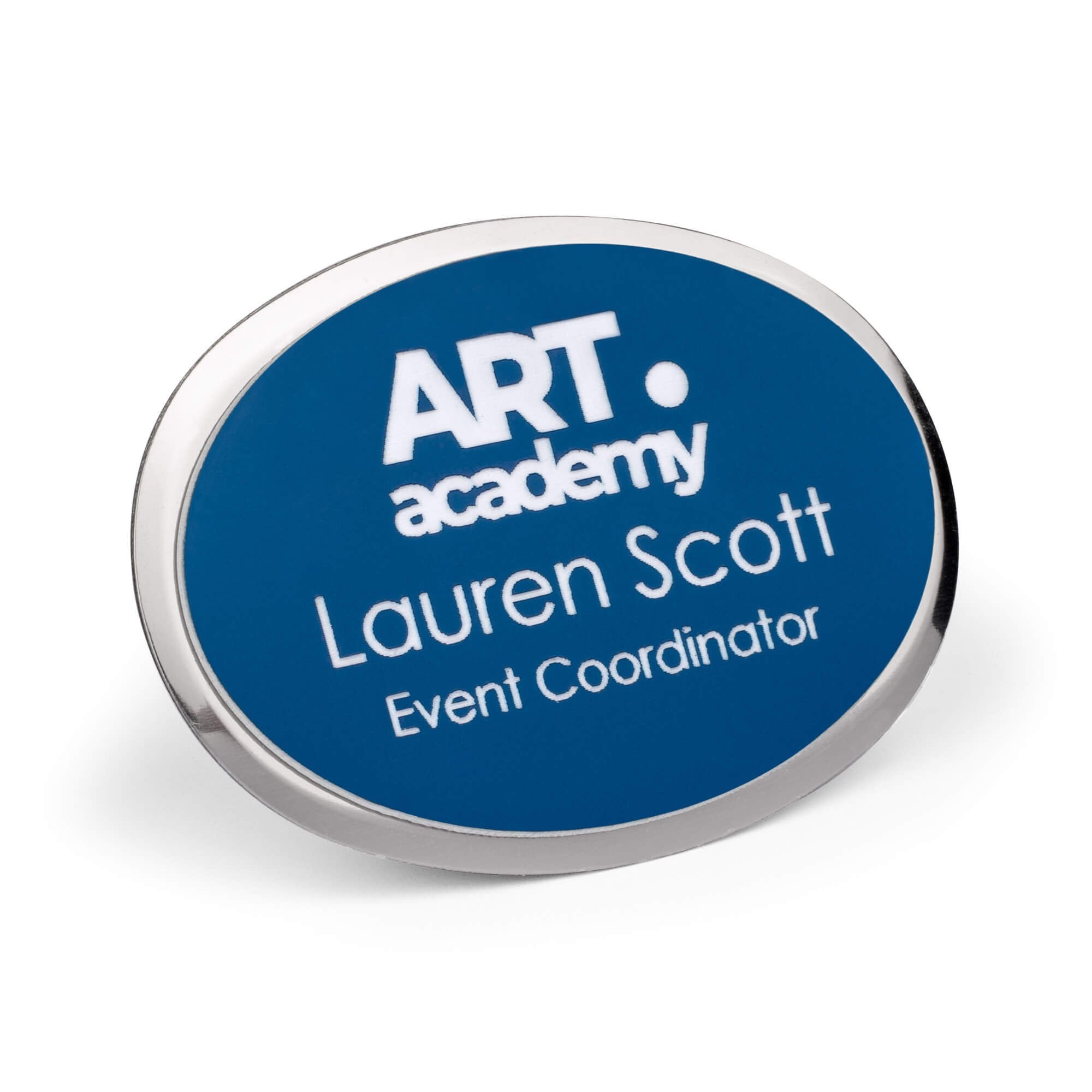 1.75x2.5 oval engraved name badge with silver beveled frame