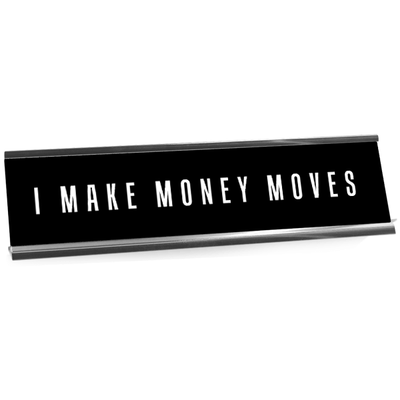 Black desk plate with white custom text in a silver holder