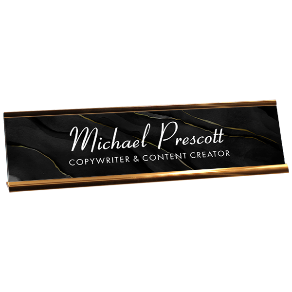 Modern Black Marble Plastic Full Color Custom Desk Name Plate with Aluminum Holder