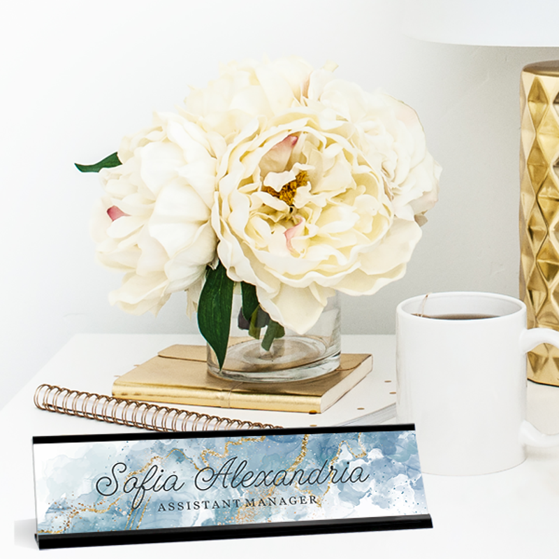 Blue Marble Desk Name Plate On Desk