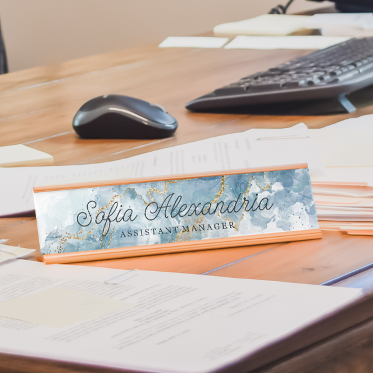 Elegant Blue Marble Plastic Full Color Custom Desk Plate with Aluminum Holder