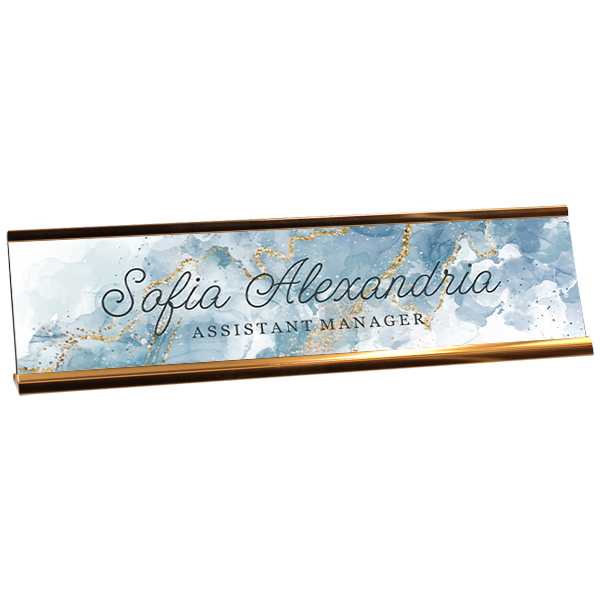 Elegant Blue Marble Plastic Full Color Custom Desk Name Plate with Aluminum Holder