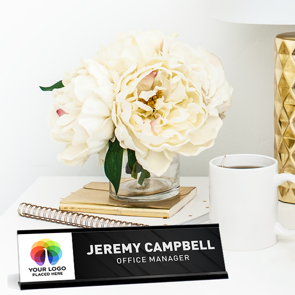 Upload Your Logo Diagonal Black Background Desk Name Plate On Desk