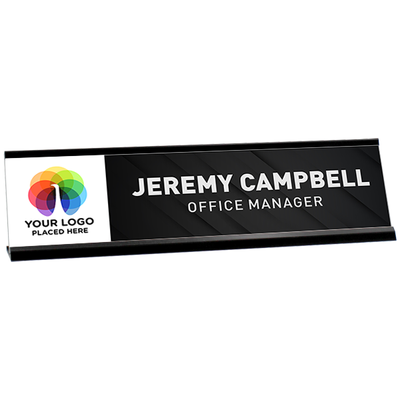 Upload Your Logo Diagonal Black Background Plastic Full Color Custom Desk Plate with Aluminum Holder