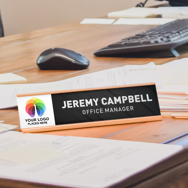 Upload Your Logo Diagonal Black Background Desk Name Plate On Office Desk
