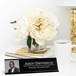 Upload Your Profile Picture Modern Black and Gold Desk Plaque On Desk