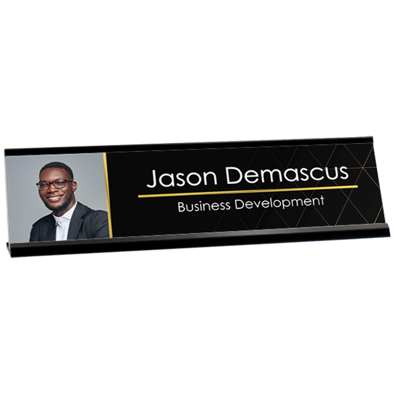Upload Your Profile Picture Modern Black and Gold Plastic Full Color Custom Desk Plate with Aluminum Holder