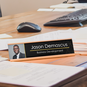 Upload Your Profile Picture Modern Black and Gold Desk Name Plate On Office Desk