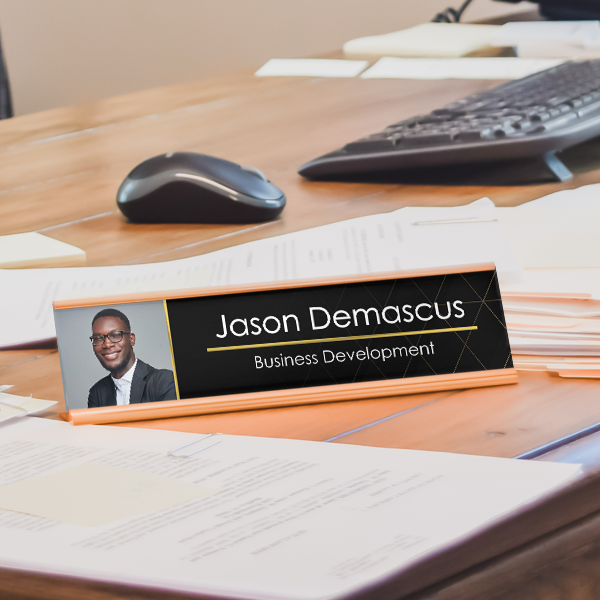 Upload Your Profile Picture Modern Black and Gold Desk Name Plate On Office Desk