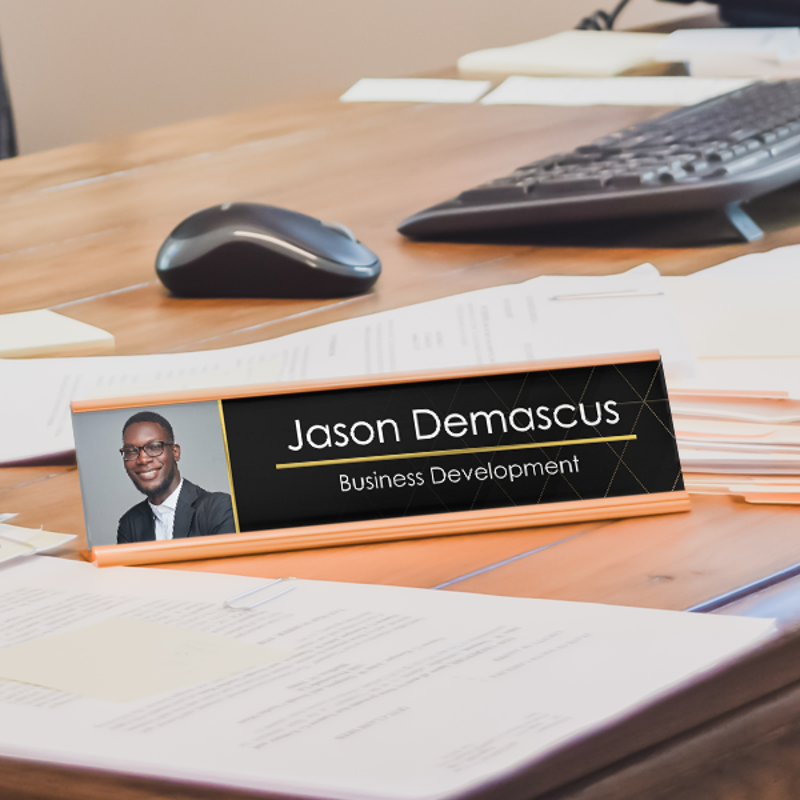 Upload Your Profile Picture Modern Black and Gold Desk Name Plate On Office Desk