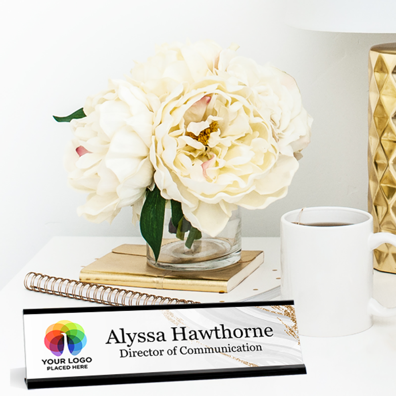 Upload Your Logo Elegant Silver and Gold Background Name Plate On Desk