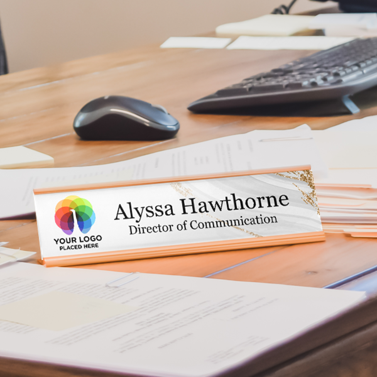 Upload Your Logo Elegant Silver and Gold Background Desk Name Plate On Office Desk
