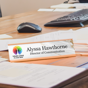 Upload Your Logo Elegant Silver and Gold Background Desk Name Plate On Office Desk