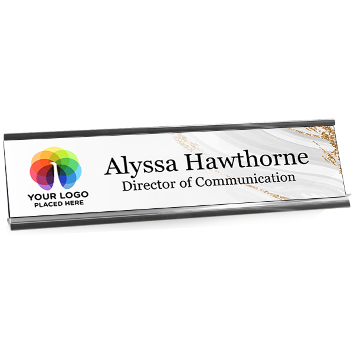 Upload Your Logo Elegant Silver and Gold Background Plastic Full Color Custom Desk Plate with Aluminum Holder