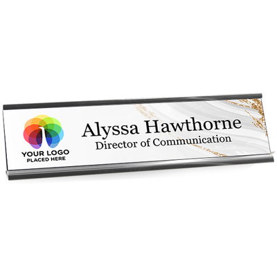 Upload Your Logo Elegant Silver and Gold Background Plastic Full Color Custom Desk Plate with Aluminum Holder