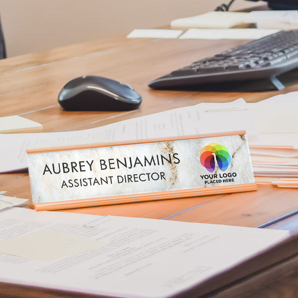 Upload Your Logo Marble Background Desk Name Plate On Office Desk