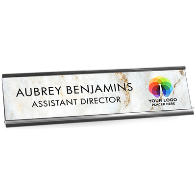 Upload Your Logo Marble Background Plastic Full Color Custom Desk Plate with Aluminum Holder