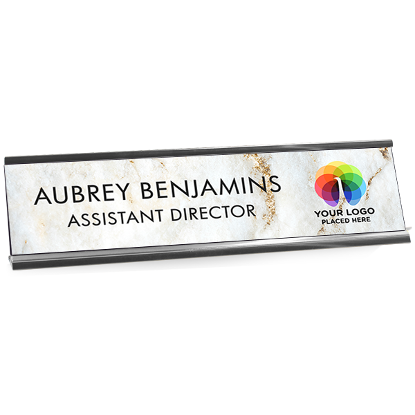 Upload Your Logo Marble Background Plastic Full Color Custom Desk Plate with Aluminum Holder
