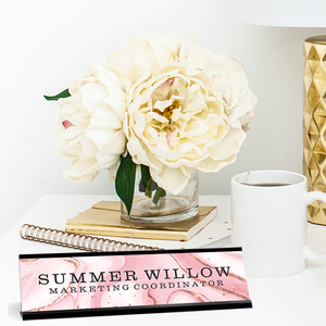 Pink Marble Background Desk Name Plate On Desk