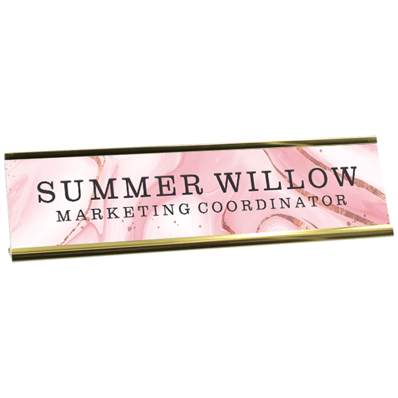Pink Marble Background Plastic Full Color Custom Desk Plate with Aluminum Holder