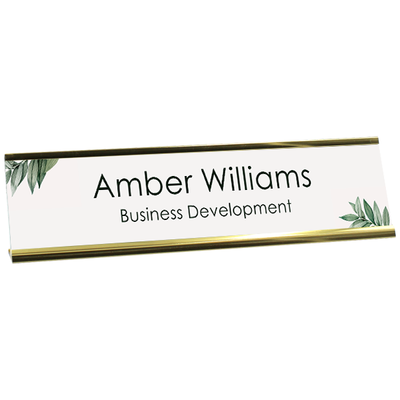 Botanical Corners Background Plastic Full Color Custom Desk Plate with Aluminum Holder