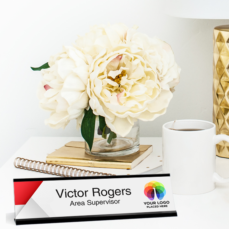 Upload Your Logo Red Corner Desk Name Plate On Desk