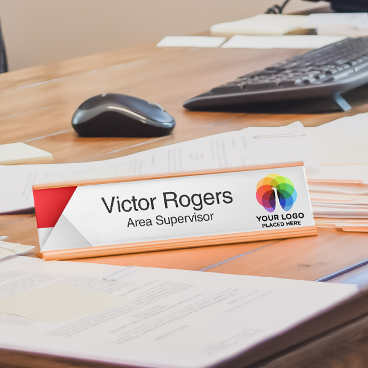 Upload Your Logo Red Corner Name Plate On Office Desk