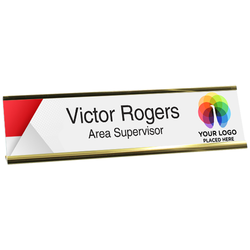 Upload Your Logo Red Corner Plastic Full Color Custom Desk Plate with Aluminum Holder